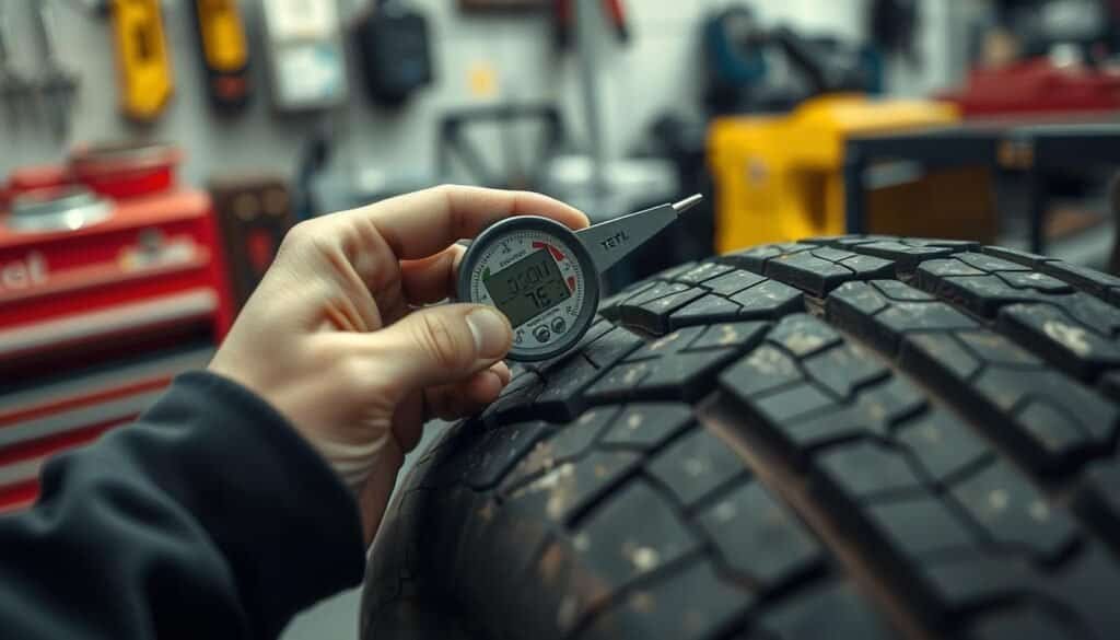 used tire inspection and tread depth gauge